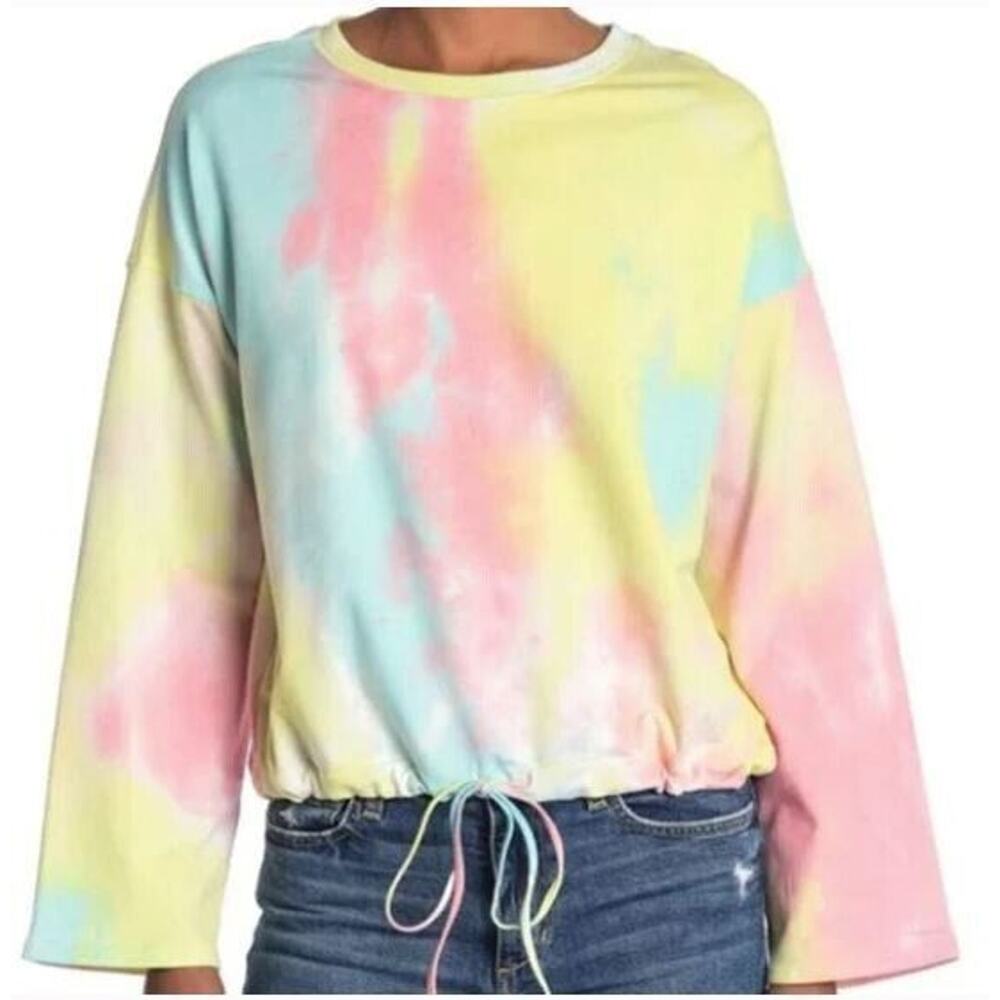 14th & Union Women's Tie Dye Drawstring‎ Hem Shirt in Yellow Pink Combo Large